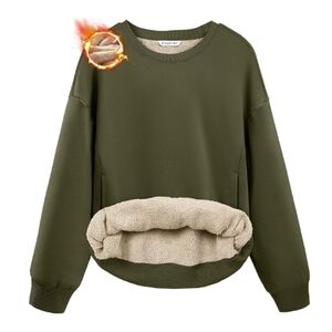 Fleece Sherpa Lined Warm Winter Pullover Crewneck Sweatshirt Olive